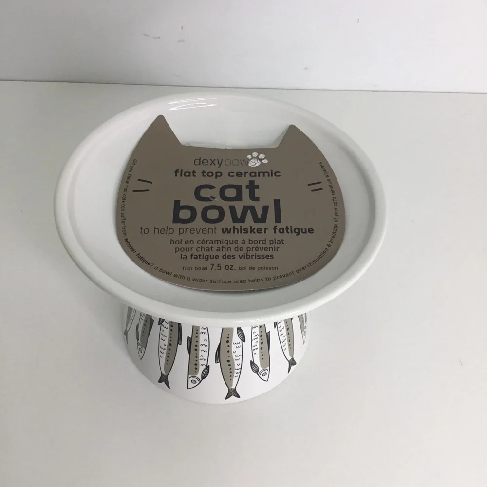 Raised Cat Kitten Food Bowl Elevated White with Fish Images NEW